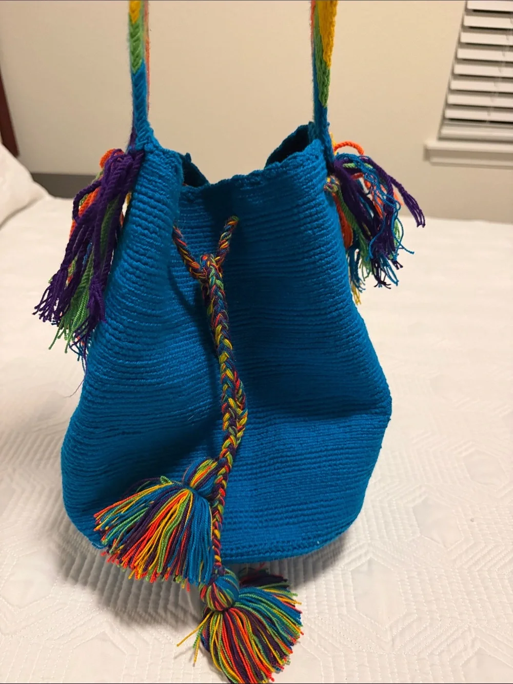 Handwoven Teal Bucket Bag with Multi-Color Strap Handmade wayuu tribe